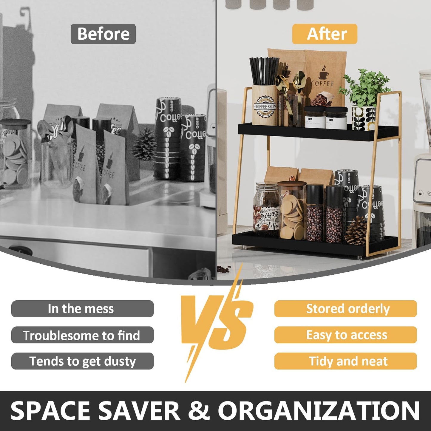 2087 Coffee Bar Accessories, Black Gold Coffee Station Organizer for Countertop Decor, 2 Tier Large Wooden CoffeeBar Shelf for Office, Breakroom, Bathroom
