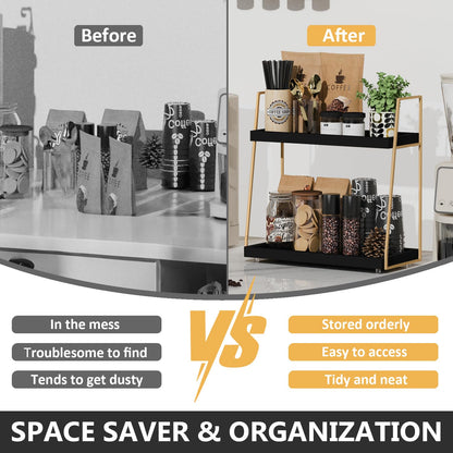 2087 Coffee Bar Accessories, Black Gold Coffee Station Organizer for Countertop Decor, 2 Tier Large Wooden CoffeeBar Shelf for Office, Breakroom, Bathroom