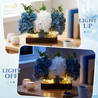 Suncalla 3 Pcs Blue Hydrangea Centerpiece for Table Artificial Hydrangea Flowers with LED Light Mason Jar Wood Tray Eucalyptus Stems Blue Table Decor for Coffee Wedding Kitchen Dining Living Room