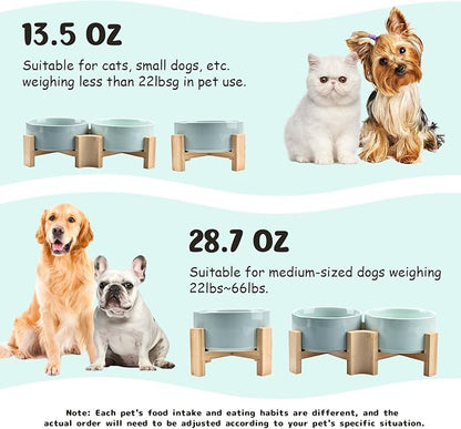 SPUNKYJUNKY 15° Slanted Ceramic Dog and Cat Bowl with Wooden Stand, Tilted Bulldog Food and Water Bowl No Slip Non-Spill for Cats Medium Dogs Big Face Pets 28.7 OZ (3.6 Cups, Morandi Green × 2)