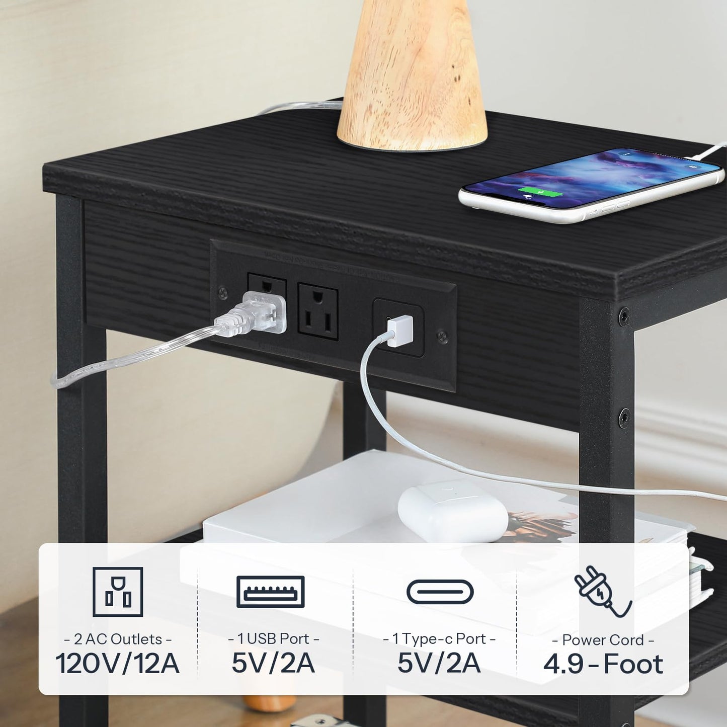 HOOBRO Side Table with Charging Station and USB Port, Small End Table for Small Space, 3-Tier Nightstand with Adjustable Shelf, for Living Room, Bedroom, Black BB112BZ01