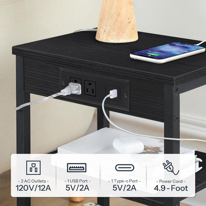 HOOBRO Side Table with Charging Station and USB Port, Small End Table for Small Space, 3-Tier Nightstand with Adjustable Shelf, for Living Room, Bedroom, Black BB112BZ01