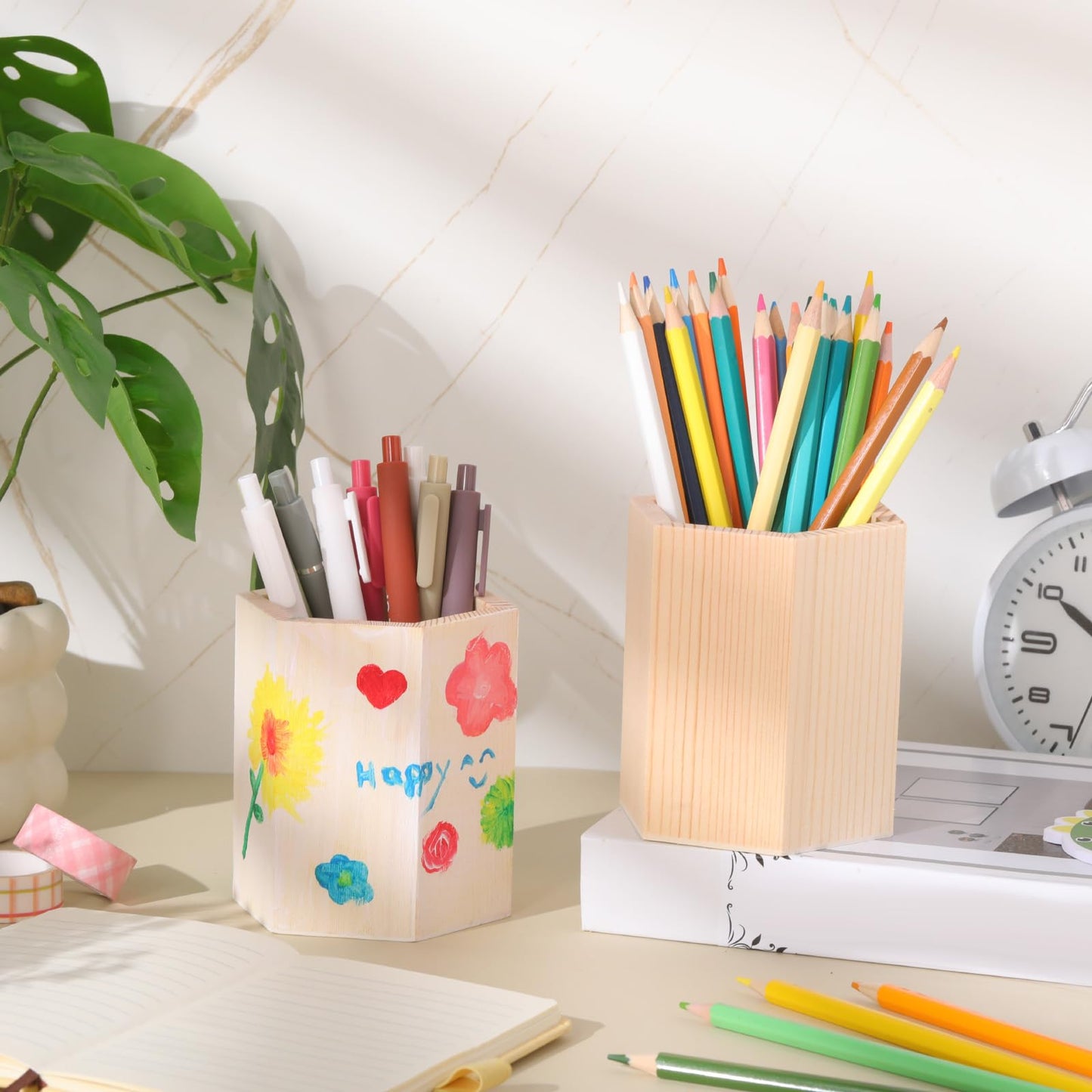 DoubleFill 12 Pack DIY Spring Wooden Pencil Holder Craft for Desk, Desktop Pencil Holder Stand, Unfinished Wooden Pen Craft for Homemade DIY Supplies(Hexagonal)