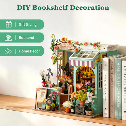 Hallisun DIY Miniature House Kit, Alice Garden Tiny 3D Wooden House Making Set for Adults, Dollhouse Bookshelf Decor with Furniture & LED Lights, Christmas Birthday Greenhouse Craft Gift for Friend