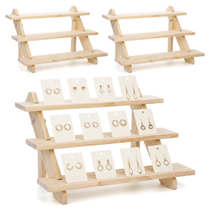 kuyeyzu 2 Pack 3 Tier Wooden Riser, Earring Display for Vendors - Solid Wood Tiered Stand with Groove for Jewelry Cards, Cupcakes, Party Desserts, Retail Booth & Farmers Market