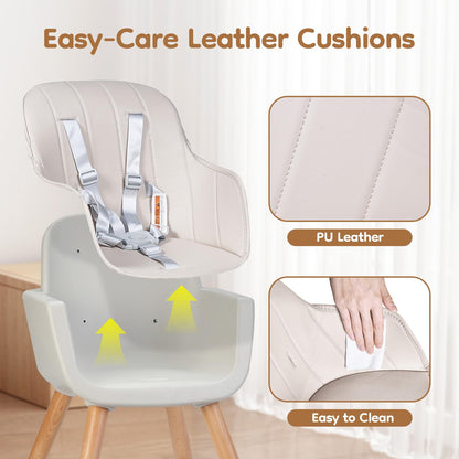 High Chairs for Babies and Toddlers,3 in 1 Convertible Wooden highchair, Baby High Chair with Adjustable Legs,5 Point Harness, Footrest, Dishwasher-Safe Tray & PU Leather Cushion, Beige