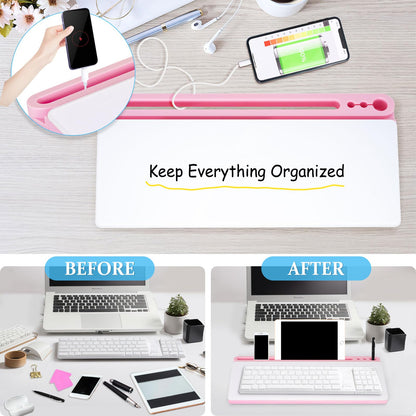 DOLLAR BOSS Glass Desk Whiteboard Small Dry Erase Board Desktop White Board with Storage Drawer Computer Keyboard Stand Desk Organizer Office Accessories School Supplies with 4 Markers 1 Eraser, Pink