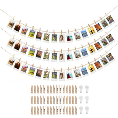 3PCS Hanging Photo Display with 45 Clips, 67 Inch Boho Wooden Bead Garland Photo Banner, Kids Art Display Collage Picture Postcard Display, Photo String for Bedroom Dorm Cubicle Wall Decor Teen Gifts