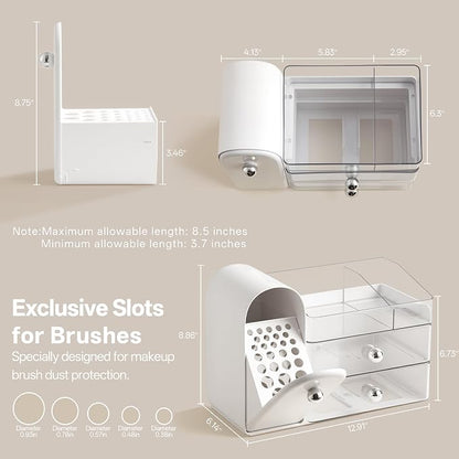 HBlife Makeup Organizer Countertop with Drawers, Vanity Organizers with Brush Holder, Bathroom Counter Organizer for Perfume, Nail Polishes, Lipsticks, Skincare and Eyeshadow Palettes, White Sliver
