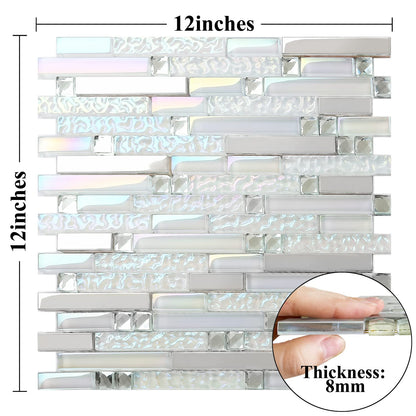 Blujellyfish Glass Metal Tile Iridescent White Glass Silver Mirror Stainless Steel Blends Interlocking Strip Wall Tiles TSTNB01 (Pack of 5 Sheets)