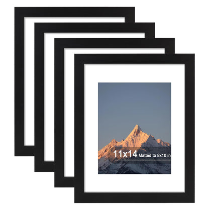 SZYUU 11x14 Picture Frame Set of 4, High Definition Real Glass, Display Pictures 8x10 with Mat or 11x14 Without Mat, Gallery Wall Hanging Photo Frames, Black