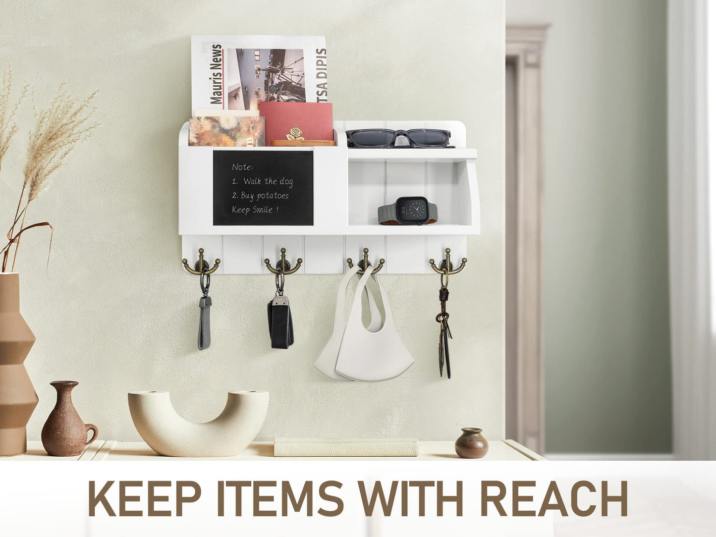 Rebee Vision Key and Mail Organizer Wall Mount - Decorative White Key Holder for Wall – Rustic Home Decor