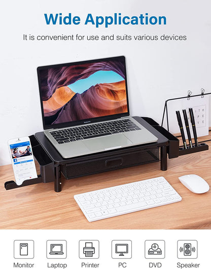 CHENOMiNL Desk Organizer with Drawer and Phone Holder, Computer Monitor Stand Riser for Home Office - Space-Saving Desktop Shelf with Sturdy Steel Frame, Black