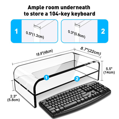 AboveTEK 2-Tier Acrylic Monitor Stand, Computer Riser for Home Office, Clear Monitor Riser for Keyboard Storage, 18.9" x 8.7" Multi Monitor Desk Stand for iMac Multi-Media Laptop Printer TV