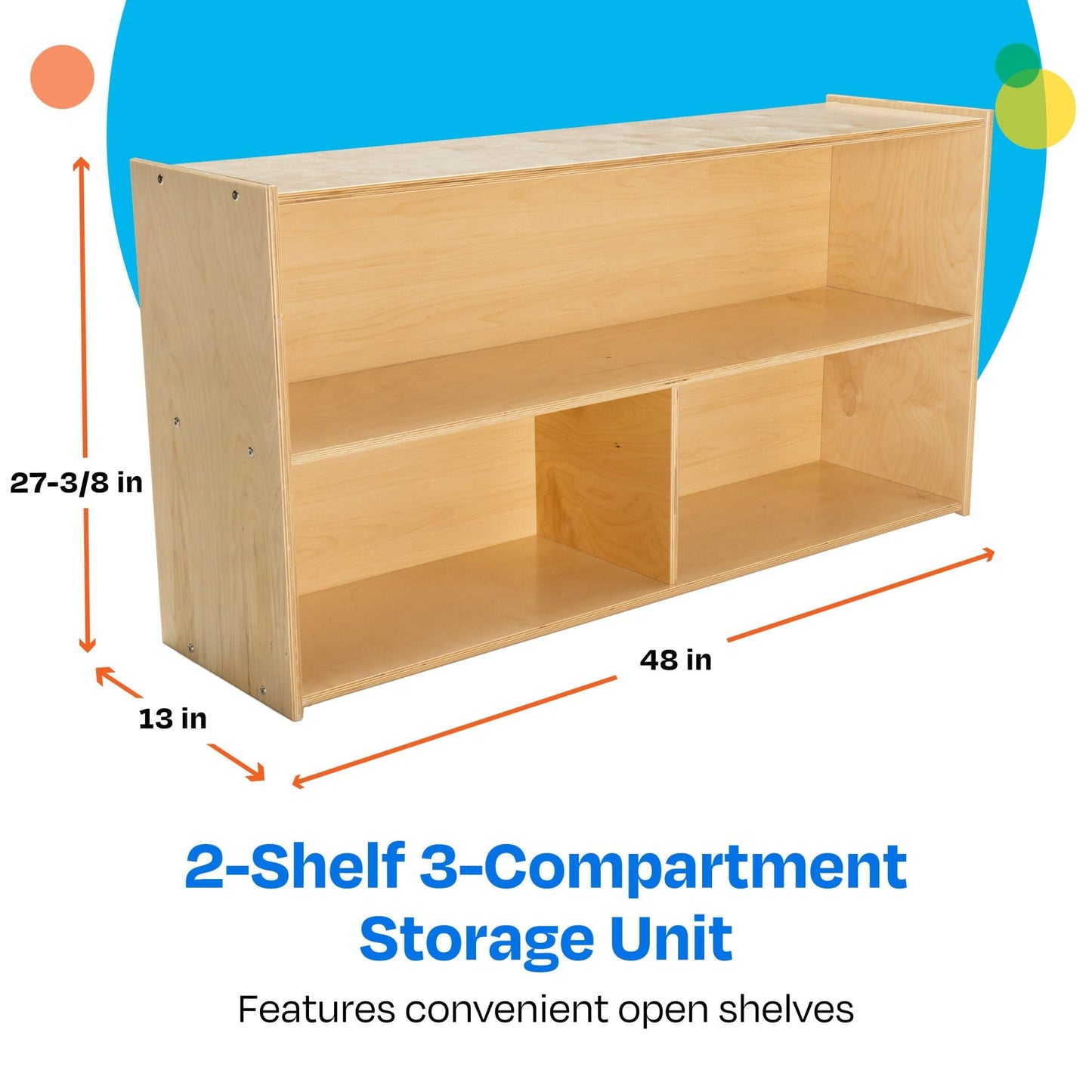 Childcraft ABC Furnishings 2-Shelf 3-Compartment Storage Unit for Classrooms and Homes, Wooden Bookshelf and Organizer, 48 x 13 x 27-3/8 Inches
