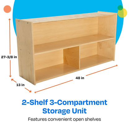 Childcraft ABC Furnishings 2-Shelf 3-Compartment Storage Unit for Classrooms and Homes, Wooden Bookshelf and Organizer, 48 x 13 x 27-3/8 Inches