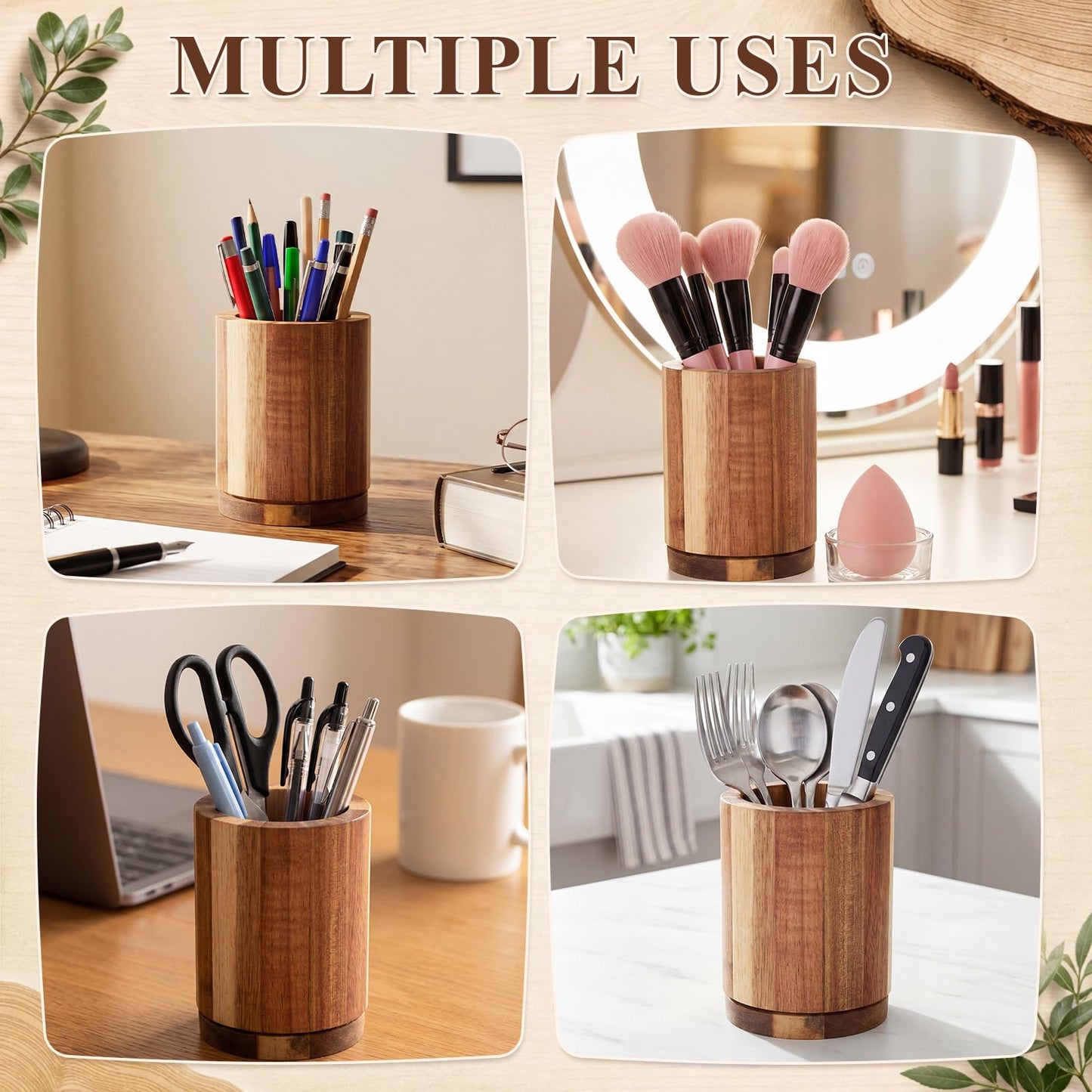 ForraFun 360° Rotating Pen & Pencil Holders Accessories Acacia Wood Desktop Pencil Holder Containers Farmhouse Stationery Organizer Stand for Office Table Desk Accessory