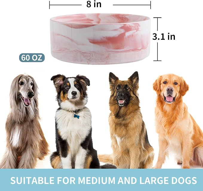Raised/Elevated Ceramic Dog Bowl for Medium Large Sized Breeds,Large Dog Food Water Bowl with Stand,8 in Non Slip Heavy Weighted 1800ml/ 7.6 Cups/60 OZ Marble Pink
