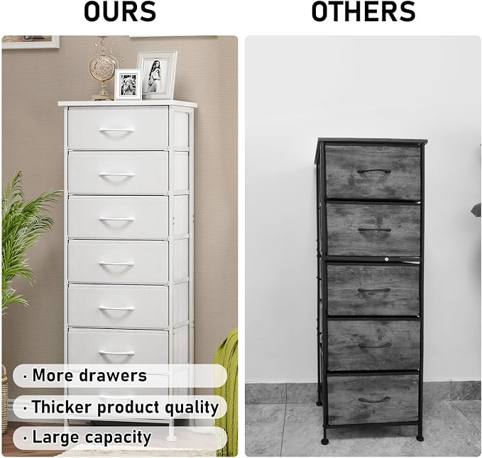Fixwal Tall Narrow White Dresser for Bedroom, Storage Dresser Organizer in Closet with 7 Fabric Drawers, Nightstand for Dorm