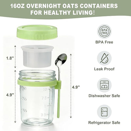 6Pcs Overnight Oats Containers with Lids and Spoons,16oz Glass Meal Prep Jars with Measurement Marks, Leak-Proof Breakfast Food Storage for Yogurt, Cereal, Salad, BPA-Free (6 Colors)