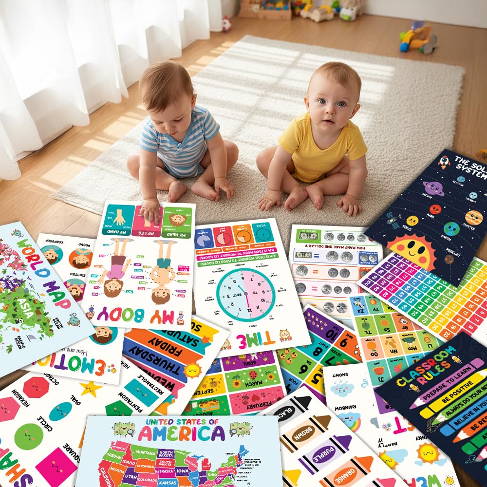 16pcs Colorful Educational Posters for 5-7 Toddlers, LAMINATED Math, Classroom Posters Preschool, Elementary Preschool, Toddler Learning Print, Preschool Posters for Toddlers, Learning Wall Prints