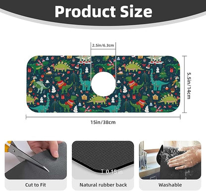 Christmas Dinosaur Tree Xmas Green Kitchen Sink Splash Guard Faucet Mat 1 Pcs