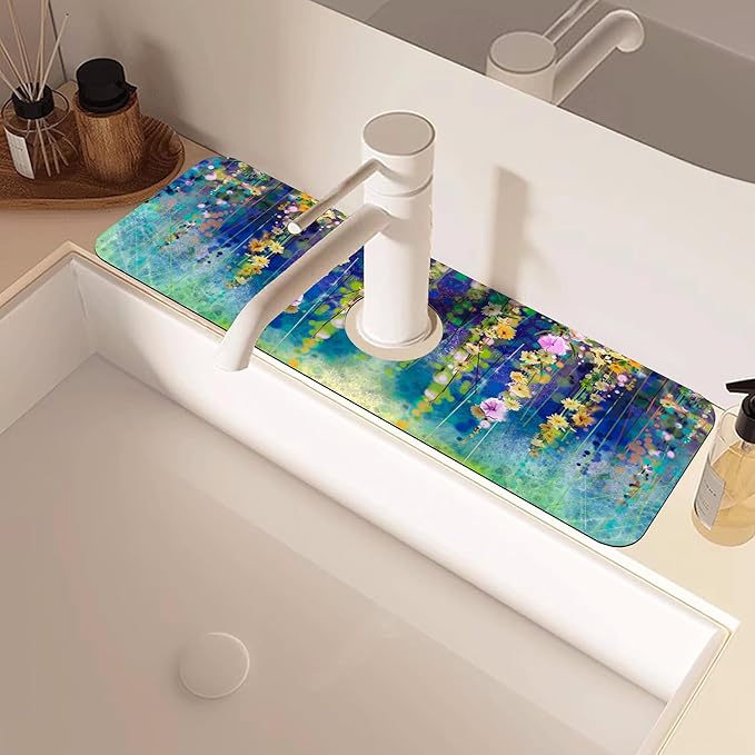 Abstract Watercolor Floral Kitchen Sink Splash Guard Mat Absorbent Fast Drying