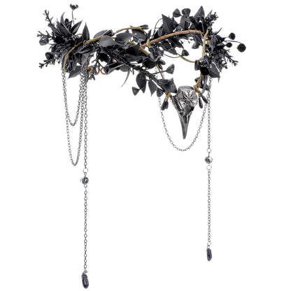 MOSTORY Black Raven Elf Crown - Gothic Flower Headpiece with Tassel for Witch Accessories Women, Dark Floral Circlet for Renaissance Renfaire Halloween Witchcore Cosplay