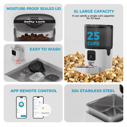 PAPIFEED Smart Automatic Cat Feeders: WiFi Pet Feeder with APP Control for Remote Feeding, Detachable for Easy Clean, Automatic Cat Food Dispenser with Alexa,1-10 Meals Per Day for Dog (6L/25Cup)