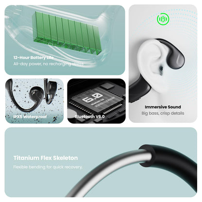 Pupabiflor Bone Conduction Headphones,Bluetooth V6.0 Bone Conduction Earbuds with Mic,Open Ear Headphones 12Hrs Playtime,Wireless IPX5 Waterproof Sport Headphone for Running (Obsidian Black)