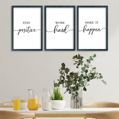 SRSZHIYUE Office Motivational Decor 16"×11" Set of 3 Stay Positive Work Hard Make It Happen Inspirational Quotes Wooden Framed Wall Hanging Art (Black)