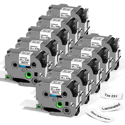 Label KINGDOM Compatible with Brother P Touch 24mm 0.94” TZe-251 TZ Tape, for PT-D610BT D600 700 P710BT PTP750W, 1” Laminated White Label Maker Tape Tze251, 10-Pack