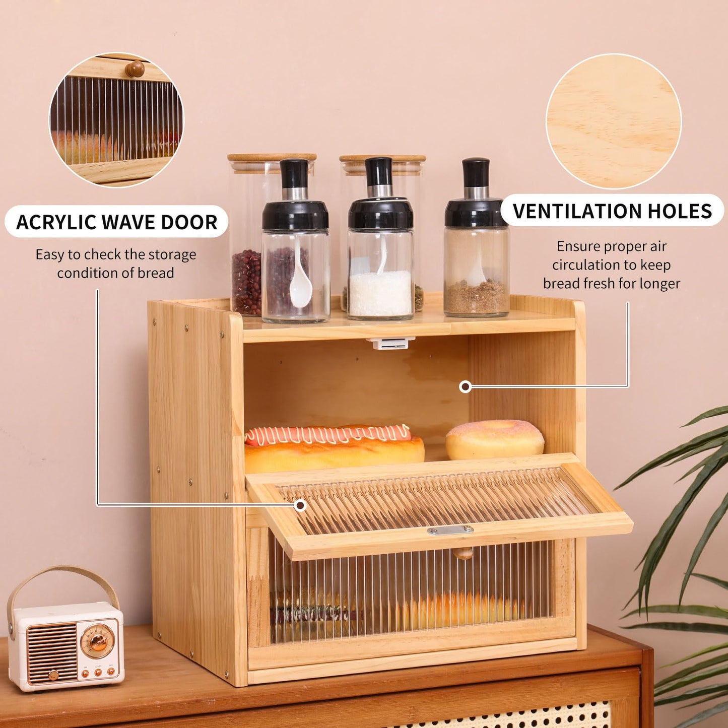 FDHUIJIA Double Layer Large Bread Box for Kitchen Counter, Wooden Bread Storage Container with Acrylic Window, (natural)