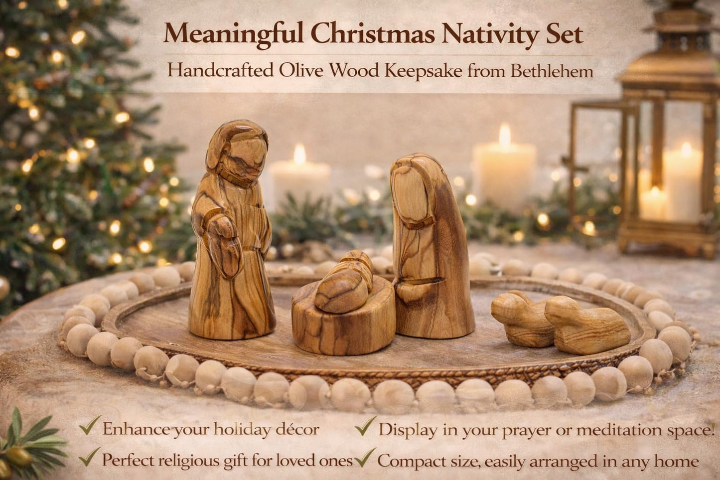 Zuluf Small Olive Wood Holy Family Figurines – Hand-Carved Nativity Set Scene with Joseph, Mary & Baby Jesus – Wooden Christmas Tree Decor for Catholic Indoor Display – HOF035