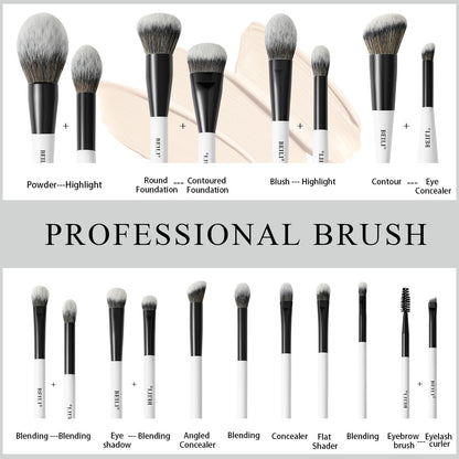 BEILI 12 Pcs Double-Sided Makeup Brush Set, 18-in-12 Multi-Use Brushes for Contour, Foundation, Highlight, Blush, Eyeshadow, Eyeliner & Concealer, Black & White Travel Kit for Polished Daily Makeup