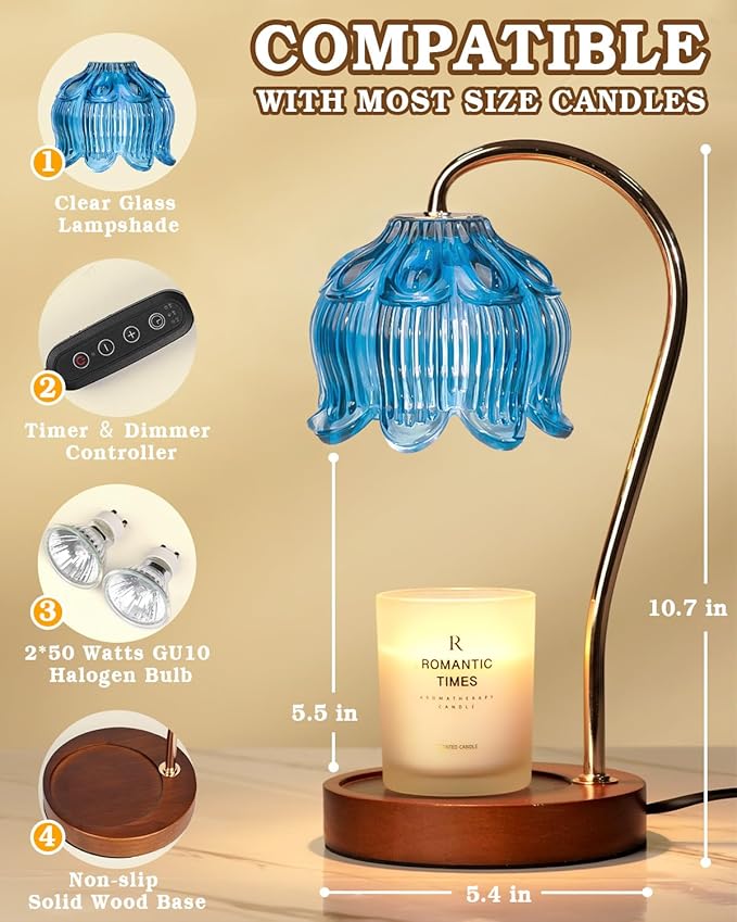 Funistree Flower Candle Warmer Lamp with Timer, Dimmable Candle Lamp Warmer, Christmas Birthday Gifts for Women Mom Her, Housewarming Home Decor, Lotus Wax Warmer for Yankee Candles - Blue Lily