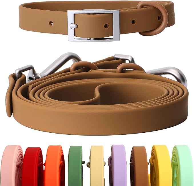 Dog Collar and Leash Set, Durable Waterproof Dog Leashes Collars, 5 Length Setting Adjustable Dog Collars for Large Medium Small Dogs (Brown, S)