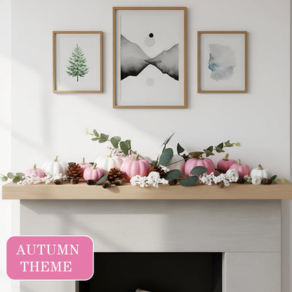 Artificial Pumpkin Eucalyptus Leaves Fall Decor, 56 PCS Fall Harvest Decorations for Halloween Thanksgiving with Pumpkins Acorns Pinecones Berries Leaves for Farmhouse Table Tiered Tray(White,Pink)