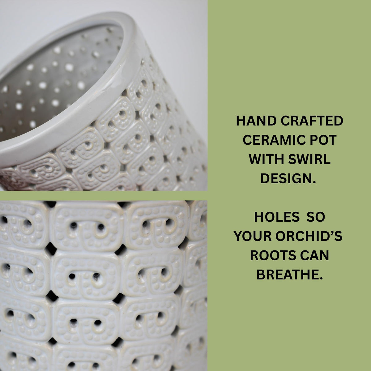 DESQUIGGLE White Ceramic Orchid Planter, 6 Inches Wide, Large Orchid Pots with Holes for Indoors Or Outdoors with Swirl Cut Out Pattern, Orchid Gifts
