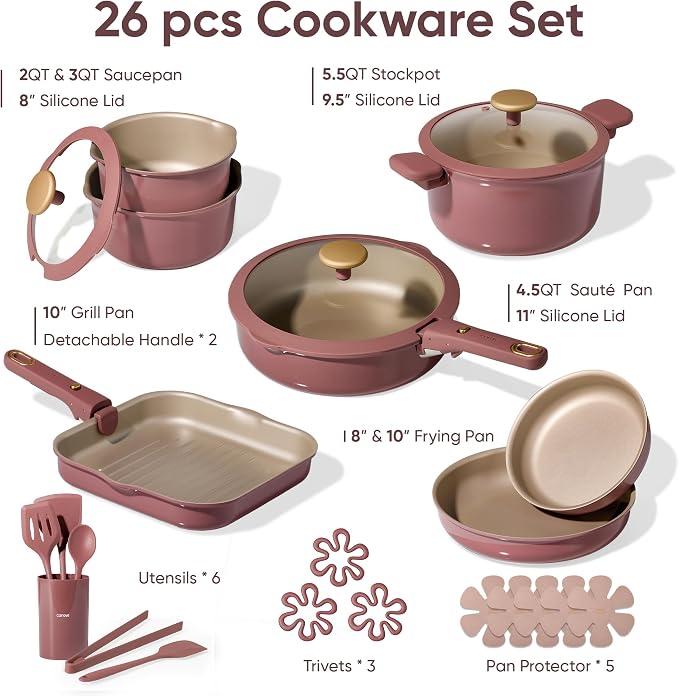 CAROTE 26 Pcs Pots and Pans Set, Nonstick Cookware Sets with Detachable Handle, Titanium Reinforced, Oven Safe, Cookware Non Stick Cooking Set w/Frying Pans & Saucepans Red(PFOS, PFOA Free)