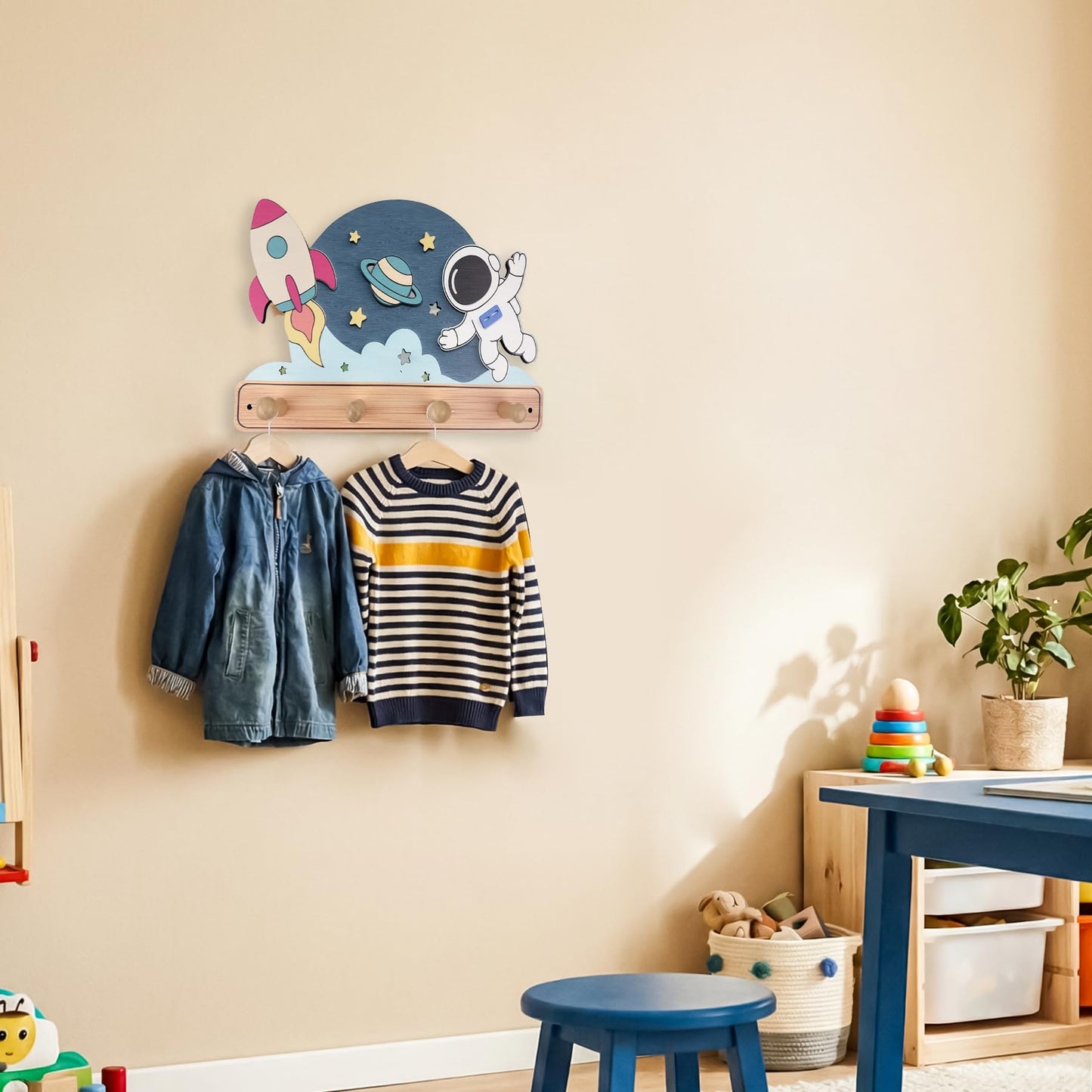 Midrean Wooden Organizer Cute Space Planet Rocket Kids Coat Rack Key Hanger Wall Mount for Coats Hats Towels Bags Hanging Decorative Wood Hook