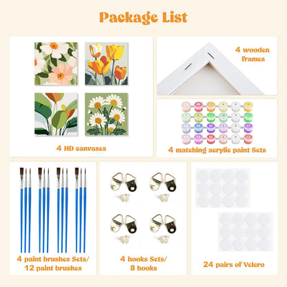 MXJSUA 4 Pack Flowers Green Plant Framed Paint by Numbers Kit with Canvas for Adults Beginner, DIY Acrylic Oil Painting Kits with Brushes for Home Wall Decor Gift (8x8 inch)