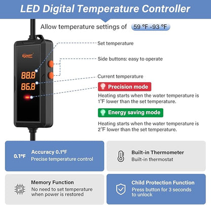 hygger 300w Aquarium Heater, Fish Tank Heater with Intelligent Temperature Control, Over-Temperature Protection and Automatic Power-Off When Leaving Water, for 40-75 Gallon Tanks