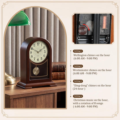 Tondiamo Brown Wooden Mantel Clock with Hourly Chime Swinging Round Pendulum Silent Quartz Desk Clocks Table Clock for Living Room Decor Above Fireplace Shelf Office, Battery Operated