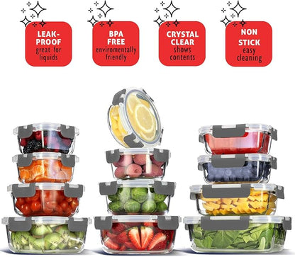 Nestl 24pc Glass Storage Containers with Lids, 12 Glass Food Storage Containers with 12 Airtight Lids for Pantry & Kitchen, Meal Prep Containers for Lunch, Oven Microwave & Dishwasher Safe, Gray