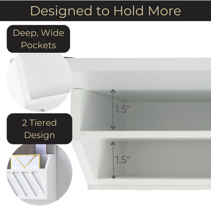 BLU MONACO | Wall Mount Key Holder with Mail Organizer | Wooden Command Center with 3 Hooks and 2-Tier Letter Pockets | Entryway Mail Sorter & Key Rack | White Geometric Wall Organizer for Office Home
