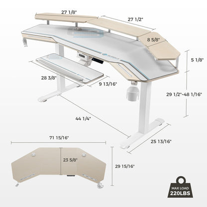 EUREKA ERGONOMIC Standing Desk with Keyboard Tray, Large Music Studio Gaming Desk, Wing Shaped Sit Stand Table 72'', LED Convertible Shelves, Dual Motor&Slot, Maple
