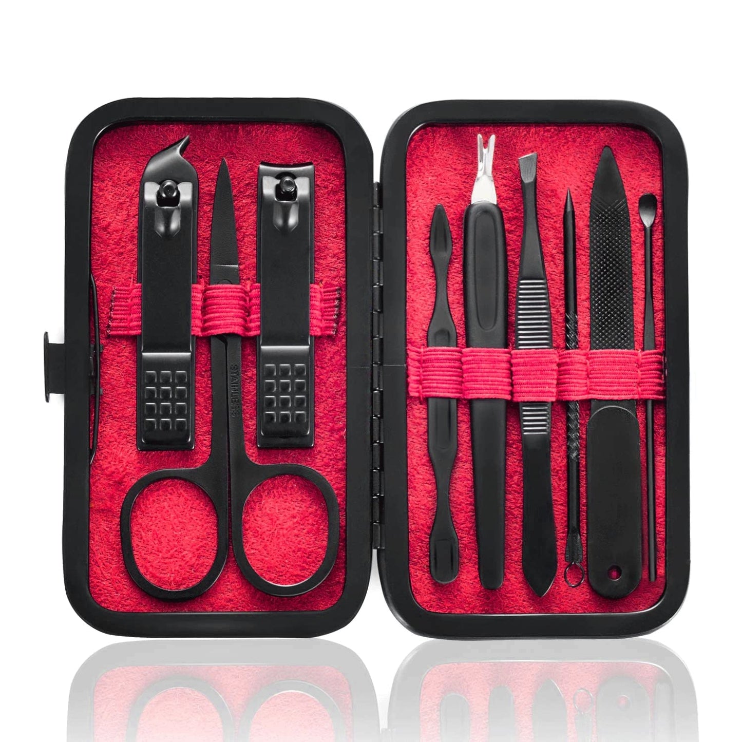 Manicure Set 9 in 1 Stainless Steel, Nail Clippers Scissors Pedicure Tools Kit - Portable Travel Grooming Kit for Men and Women with Black/Blue Leather Case (Blue)