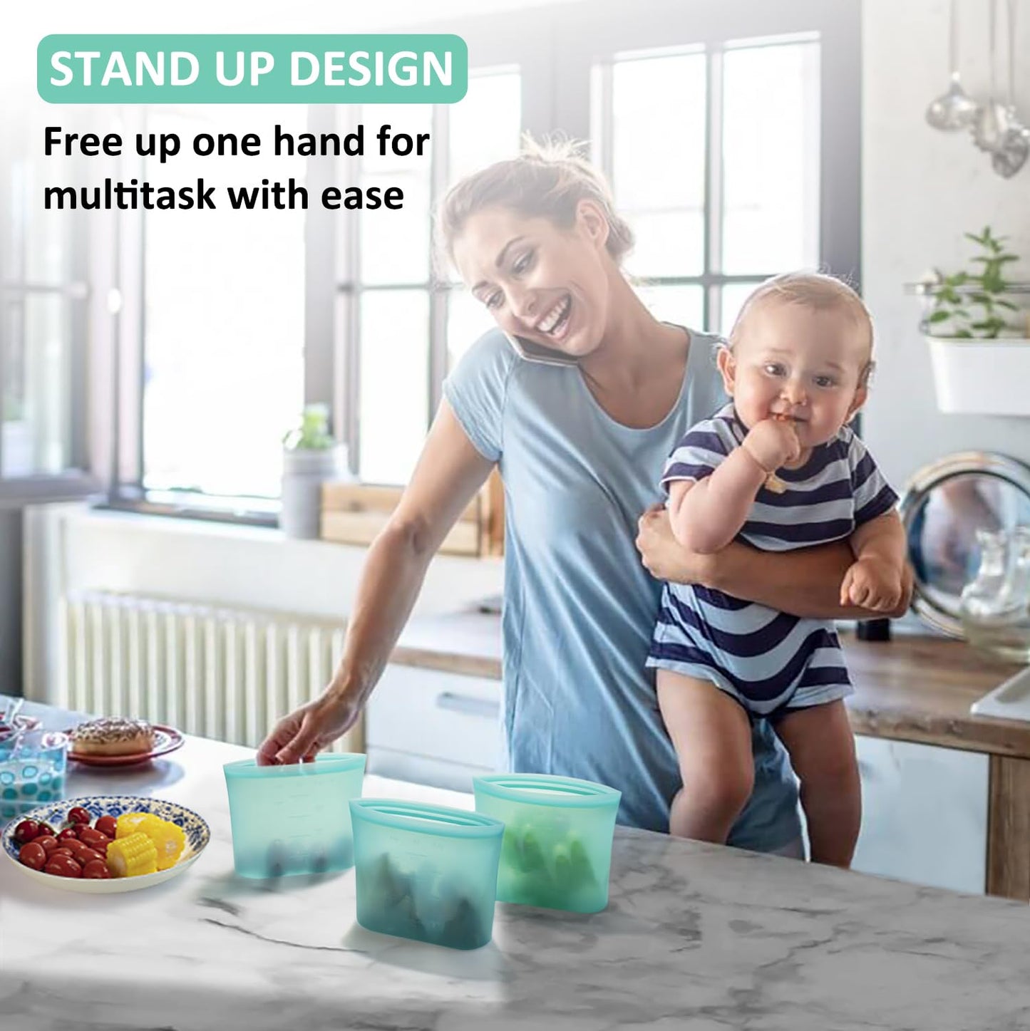 Reusable Food Bags, 12 Pack 100% Silicone Food Storage Bags Stand Up Zip Lock Container, Freezer Microwave Oven Dishwasher Safe, 4 Medium 4 Small 4 Extra Small, Aqua