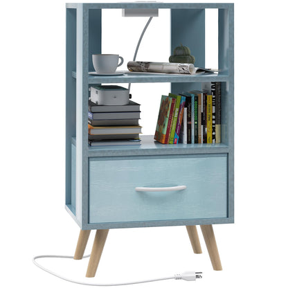 Aenuert Night Stand with Charging Station, Blue Nightstand with Drawer, 3-Tier Wooden Bedside Table with USB Ports and Outlets, End Table for Small Space, Living Room, Bedroom